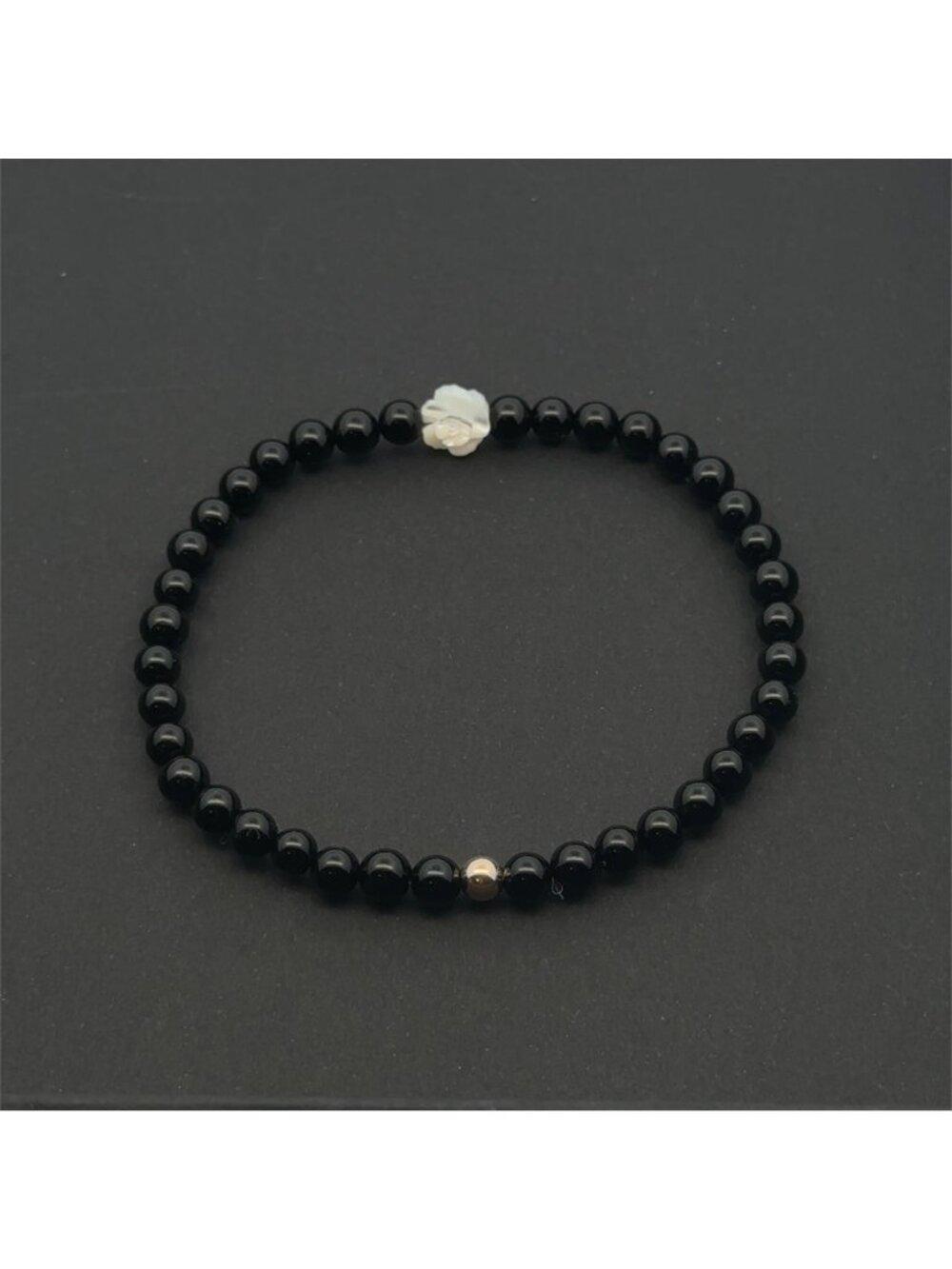 Natural Black Onyx Bracelet 4mm with White Mother of Pearl Flower & 14k Solid Go - Picture 2 of 6